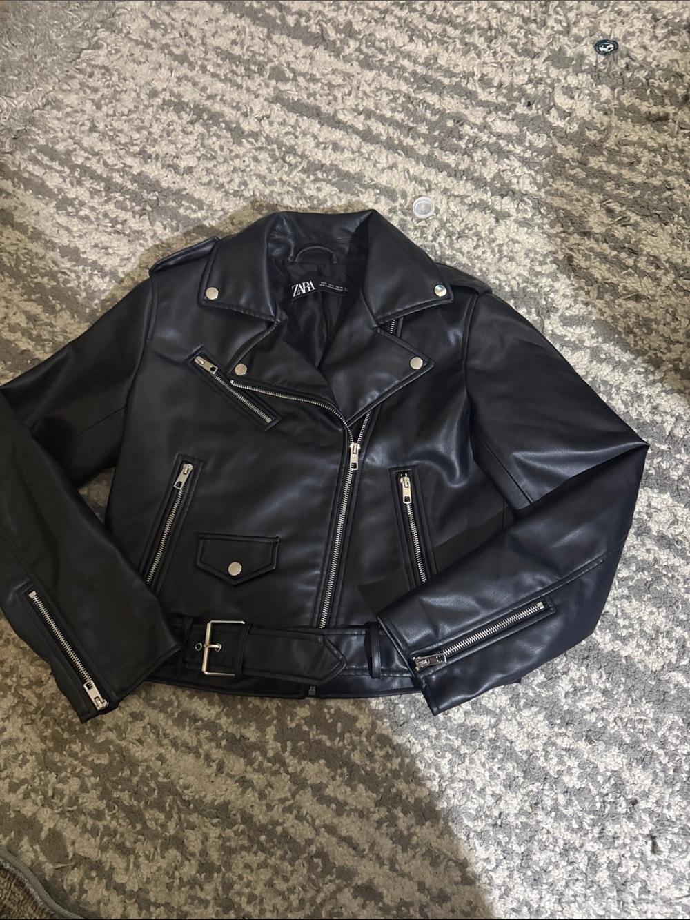 ZARA Black Faux Leather Moto Jacket with Belt